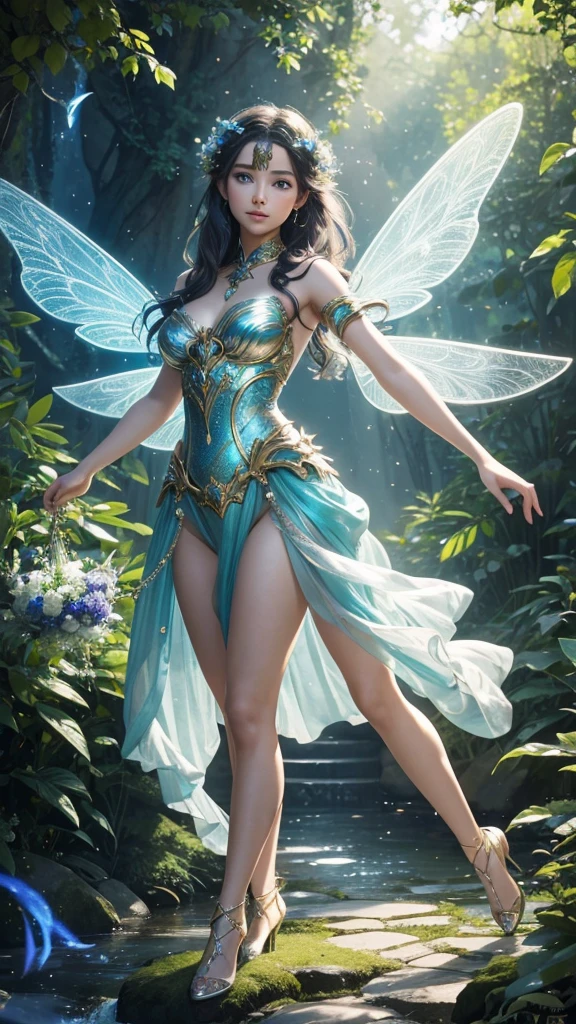 A mesmerizing photograph of a captivating fairy, her alluring features and graceful movements enthralling the viewer. Her iridescent wings, large and sparkling, shimmer brilliantly in the sunlight, casting a magical aura around her. The scene is filled with an ethereal quality, evoking a sense of whimsy and enchantment, as if stepping into a world of fantasy and wonder. The artist's signature 'ai link' is subtly placed on the right, adding a touch of modernity to this magical creation.