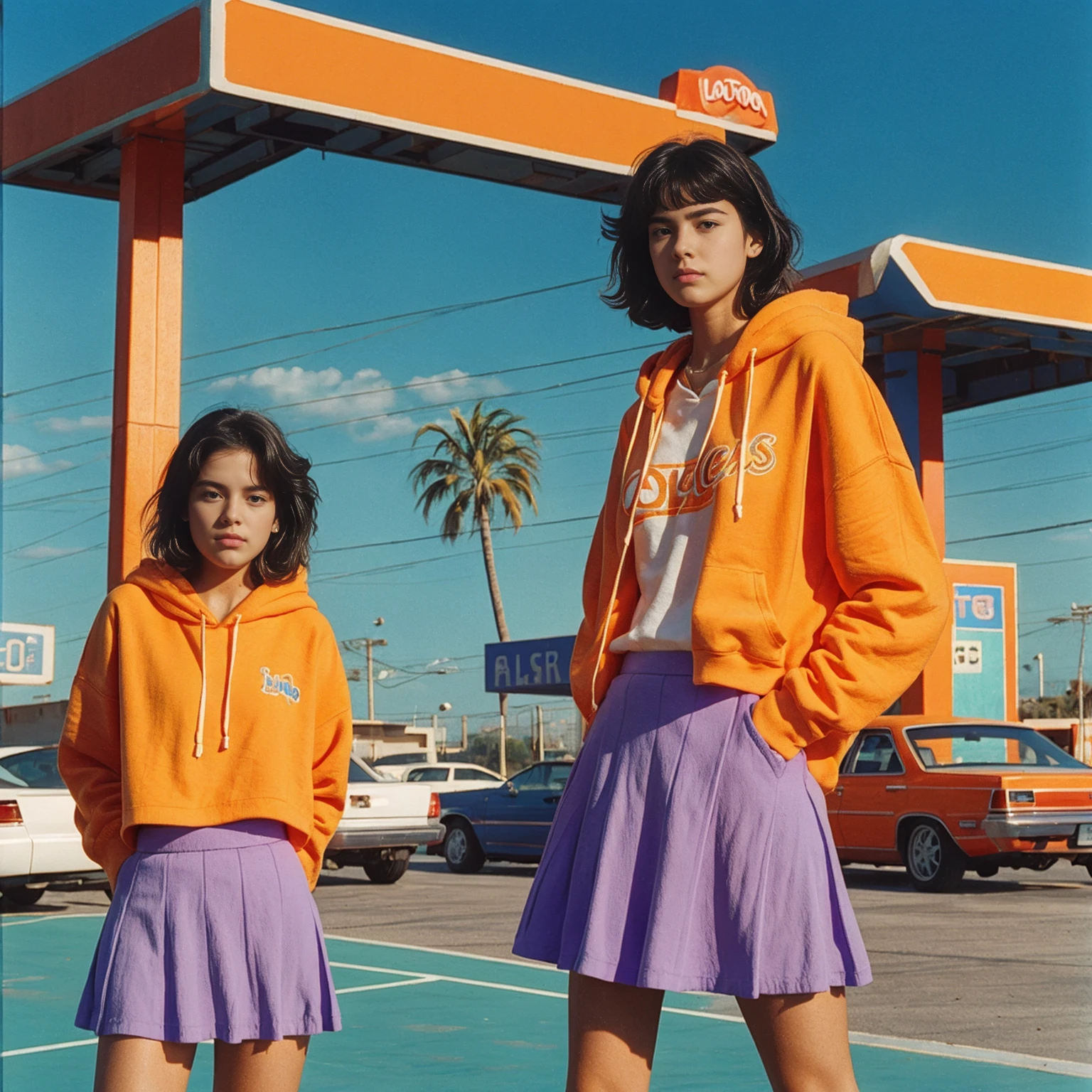 (medium shot portrait) of cute 23 yo girl ,wear ((orange color oversized_hoodie)), wear ((purple tennis skirt)),looking front,Best Quality,Masterpiece,Ultra High Resolution,(Realisticity:1.4),Original Photo, 1Girl, light leak,ultra high resolution,UHD,beautiful, (black straight hair), almond eye, no makeup, in front of ((80's los angels colorful gas station)), (realistic:1.2), (surreal:1.3), (very detailed:1.1), ((masterpiece)),summer, blue sky, palm trees,sunny, los angles vibes,film camera, 800mm lens,style of Philip Lorca diCorcia