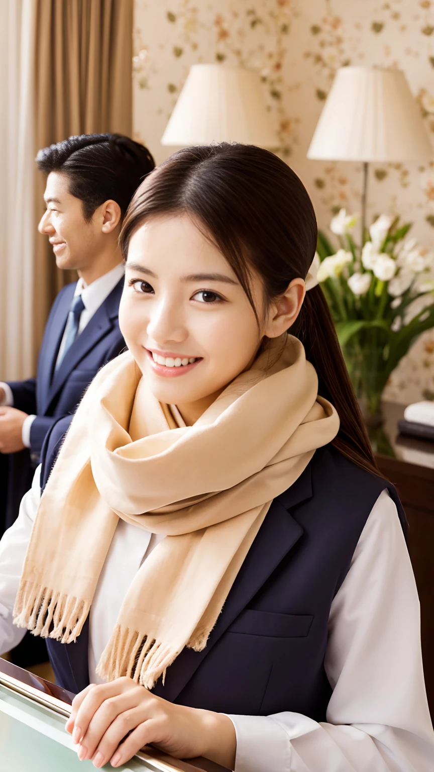 Luxury hotel front desk clerk、uniform、Scarf around the neck、Good posture、8 heads、Beautiful Japanese、Smiling、Highest quality、wallpaper