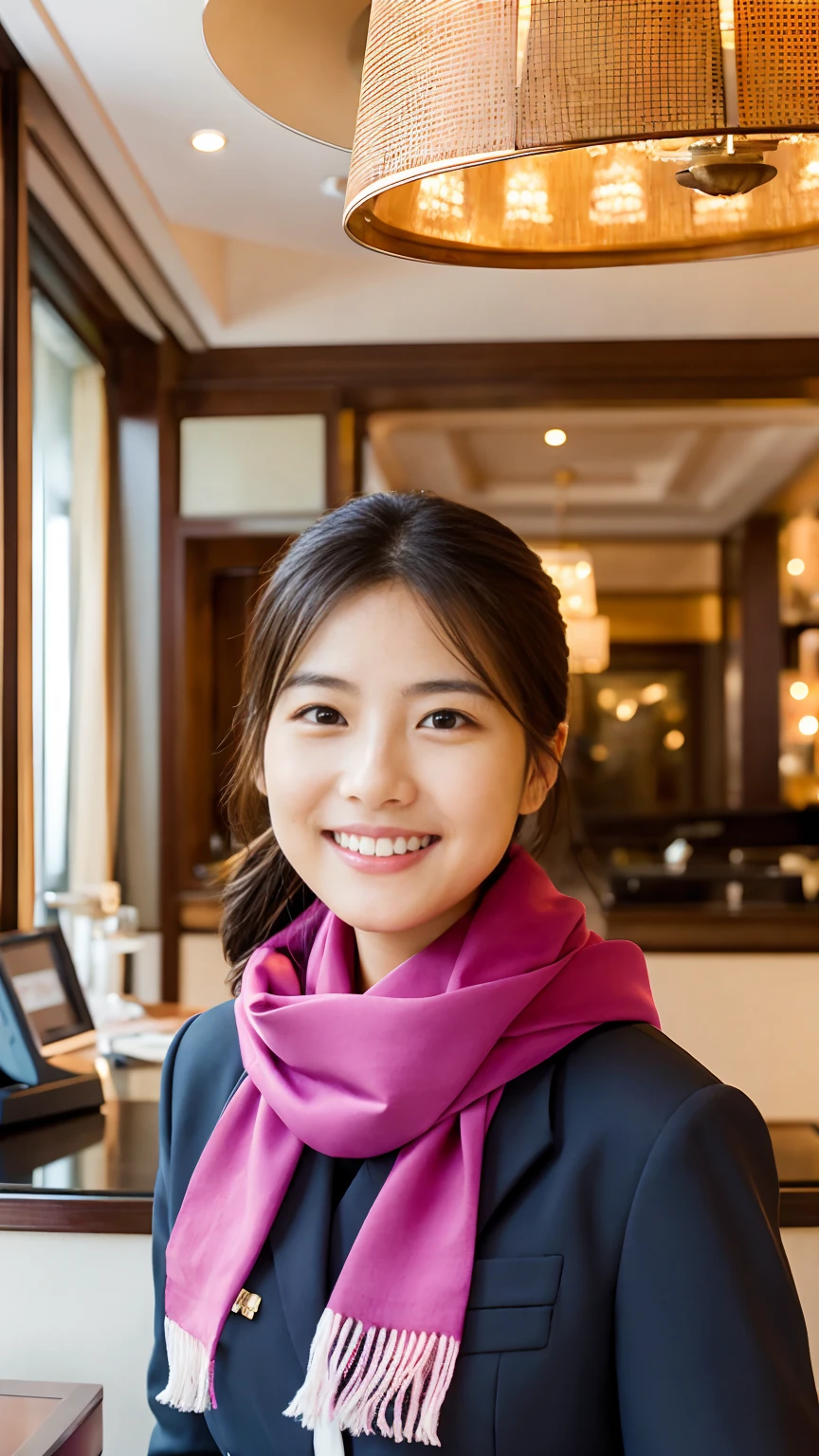 Luxury hotel front desk clerk、uniform、Scarf around the neck、Good posture、8 heads、Beautiful Japanese、Smiling、Highest quality、wallpaper