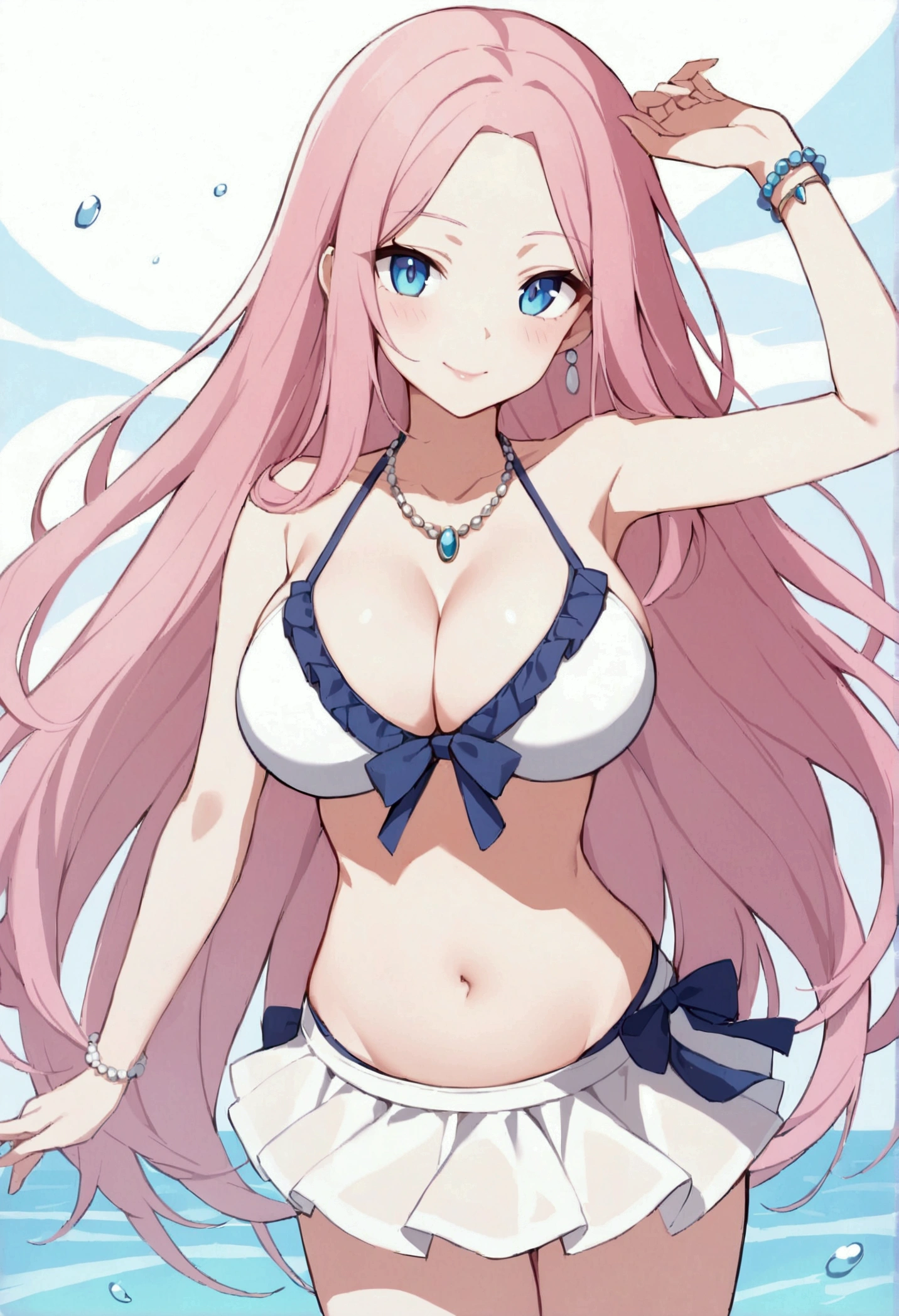 slender, mature female,jewelry, bracelet, 1girl, long_hair, pink_hair, breasts, cleavage, blue_eyes, necklace, looking_at_viewer, bead_bracelet, parted_bangs, beads, bare_shoulders, earrings, swimsuit, white_bikini, solo, large_breasts, bangs, bikini, collarbone, frills, skirt, water, crop_top, smile, very_long_hair, pearl_bracelet, bangle, sidelocks, midriff, arm_up, closed_mouth, forehead, navel, standing, cowboy_shot, sleeveless, frilled_bikini, stomach, from_side, lips, eyebrows_visible_through_hair, white_skirt,
