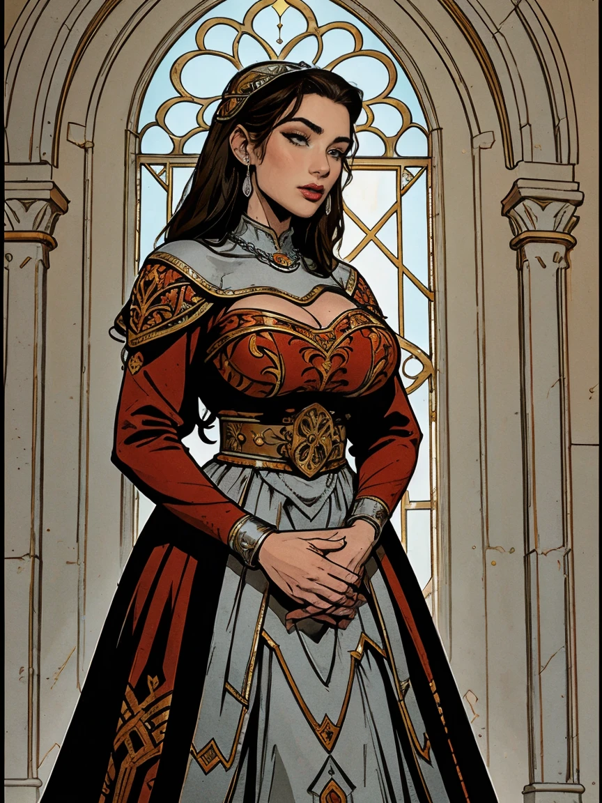 Beautiful and regal, imperious and aloof, busty athletic (thin) brunette queen with sharp facial features wearing a modest updo, dark red medieval dress, long sleeves, intricate patterns, scrollwork, wide neck, crown, veil, long dress, modest dress, tight bodice, (silver waist chain), medieval jewelry, Middle Ages, castle, rampart, wall, stained glass