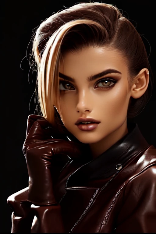 Female, 23 years old+ with a perfect figure, hands in the chest area In a burgundy leather jacket and a black pencil skirt, leather gloves, boots, Chest decoration, Medium breasts, full height , Photo, high quality, detailed parts of the face