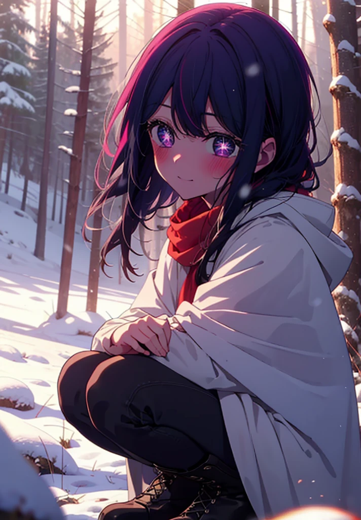 aihoshino, Ai Hoshino, Long Hair, bangs, (Purple eyes:1.1), Purple Hair, (Symbol-shaped pupil:1.5), smile,,smile,blush,White Breath,
Open your mouth,snow,Ground bonfire, Outdoor, boots, snowing, From the side, wood, suitcase, Cape, Blurred, , forest, White handbag, nature, Squat, Mouth closed, Cape, winter, Written boundary depth, Black shoes, red Cape break looking at viewer, Upper Body, whole body, break Outdoor, forest, nature, break (masterpiece:1.2), Highest quality, High resolution, unity 8k wallpaper, (shape:0.8), (Beautiful and beautiful eyes:1.6), Highly detailed face, Perfect lighting, Extremely detailed CG, (Perfect hands, Perfect Anatomy),
