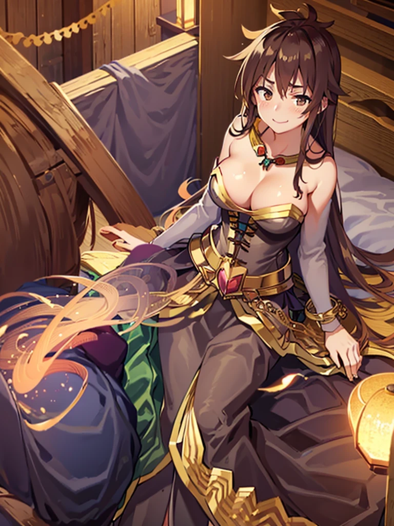 satou_kazuma, long brown hair, brown eyes, blush, smile, large breasts, cleavage, earings, gold necklace, gold bracelate, mermaid dress, corset, long dress, thight dress, sexy pose, on bed, night, 