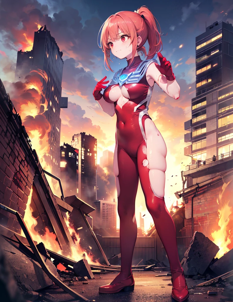 Practical,Highest quality, Ultra Detail, High-quality CG rendering, The most delicate and beautiful, Floating softly, High resolution, (1 giant girl), (Highest quality,4K,8K,masterpiece:1.2),(All red hair:1.5), (ponytail:1.5),(Red eyes:1.5), (Ultra Girl:1.0), (All red Ultraman bodysuit:1.4),(Do not expose your skin:1.4),(Slightly larger breasts:1.5),(Red gloves:1.3),(Red Shoes:1.3),(whole body:1.3),(Are standing:1.3),(A city engulfed in flames:1.3),(Buildings in flames:1.3),(Burning Ruins:1.3),(Fighting Pose:1.3),(sweating:1.3),(Wounded:1.3),(Flames on the body:1.2)