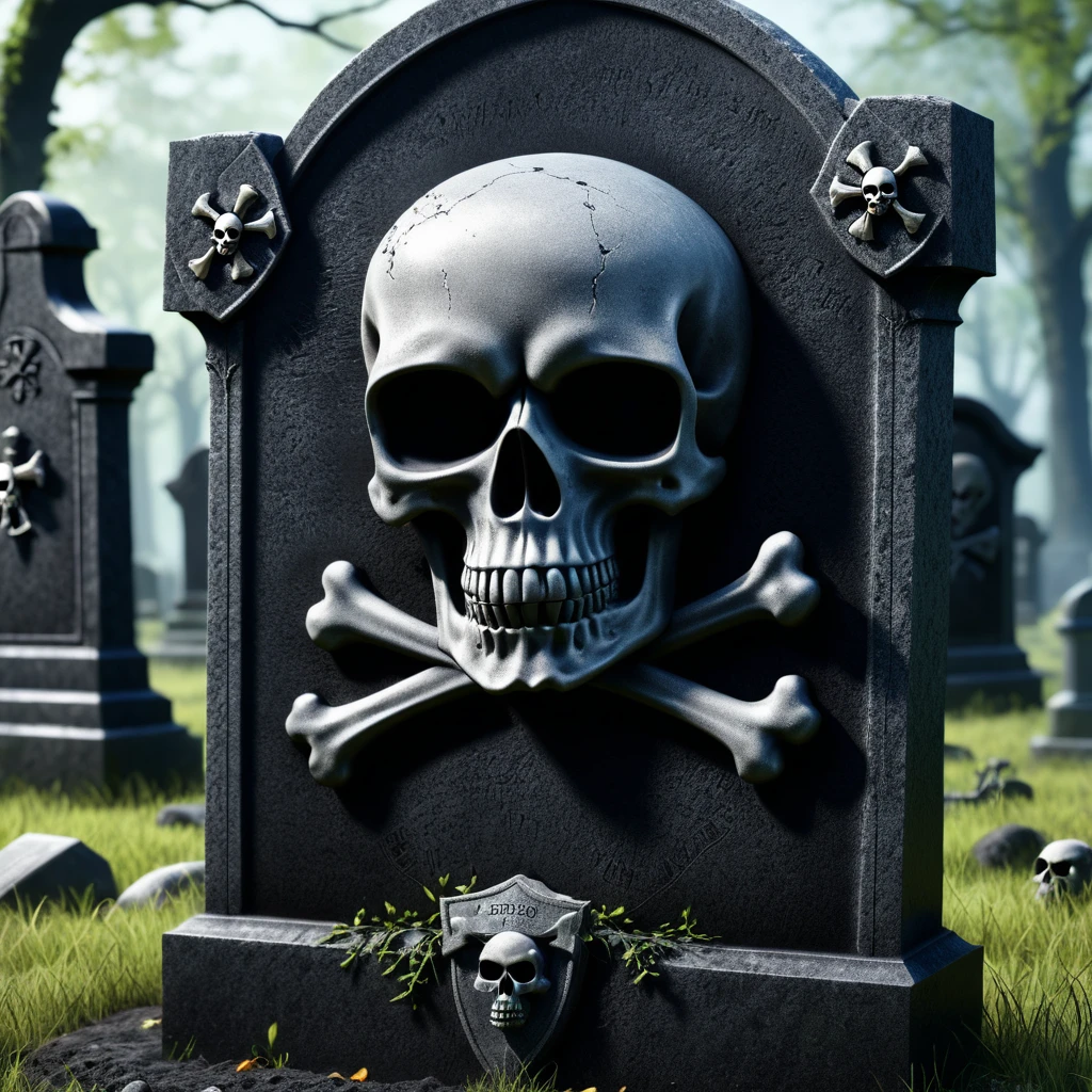 a close up of a tombstone with a skull and crossbone on it, 3 d model rip, tombstone, grave, tombstones, graveside, graveyard tombstones, graveyard background, gravestones, haunted gravestones, dead old, death is swallowed up in victory, from the black mage cemetery!!!, graveyard, rip, cementary, rip and tear
