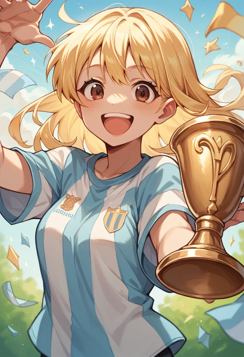 1 girl,Argentina shirt,with a trophy,long blonde hair,short negro,Brown eyes,happy face,celebrating