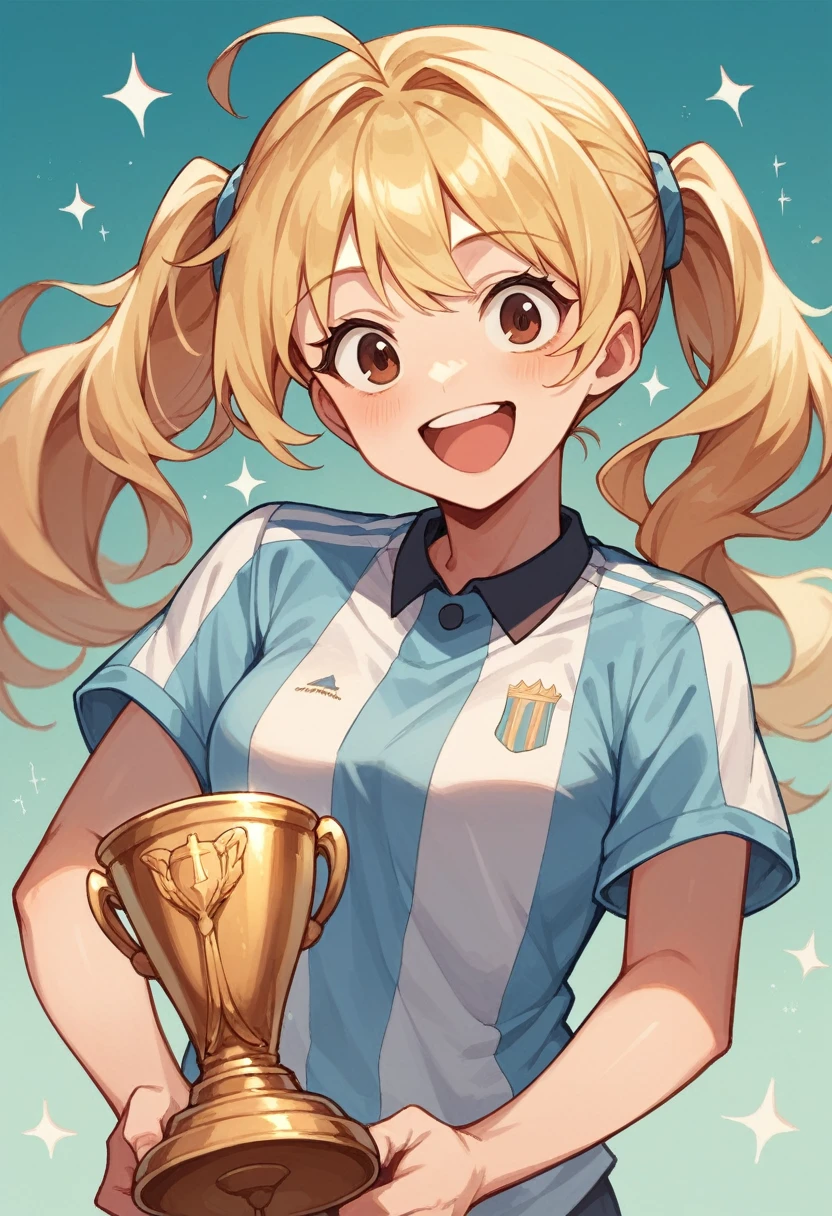 1 girl,Argentina shirt,with a trophy,long blonde hair,short negro,Brown eyes,happy face,celebrating