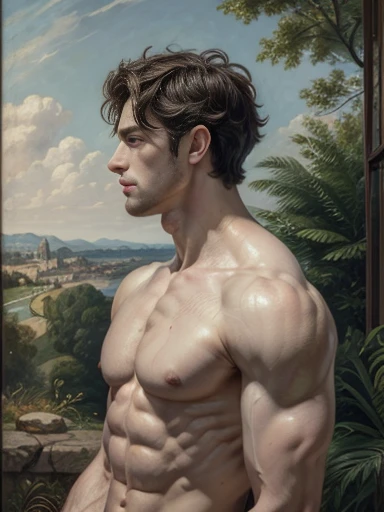 Side view, oil painting, style of Peter Paul Rubens, a humanoid male robot, mechanical parts, head, chest, abs, shirtless, flaccid , ((landscape background)), classic art, neoclassic, regency era, perfect composition, canvas texture