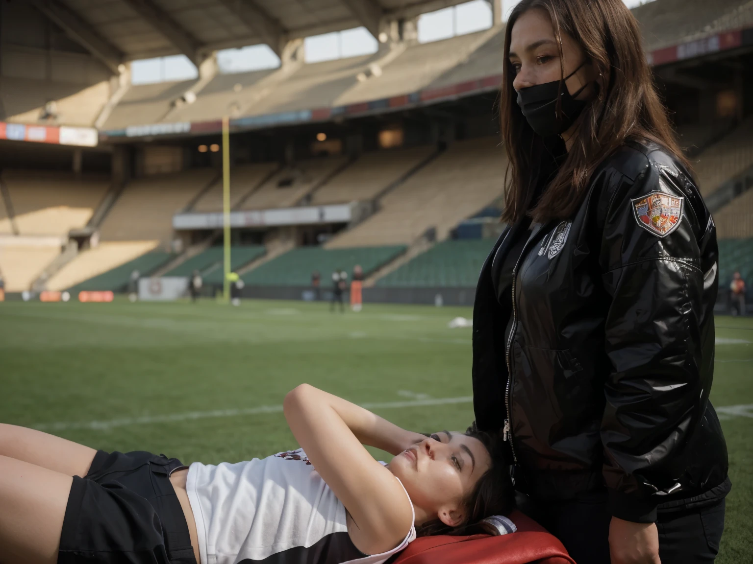 there is an injured man soccer player on a stretcher, a man soccer player injured after a foul, a highly attractive middle-aged woman wearing a high-gloss patent leather jacket, a long-haired middle-aged woman wears a high-gloss down jacket, A middle-aged woman in a shiny down jacket carries a stretcher on a sports field, sad scene, very sad, football hooligans, clip stadio, person in foreground, over-shoulder shot, intense scene, real shot, von Francesco Raibolini, dramatic scene, aesthetic shot, on ground, a long-shot, dramatic shot, breathtaking shot, realistic shot, candid shot