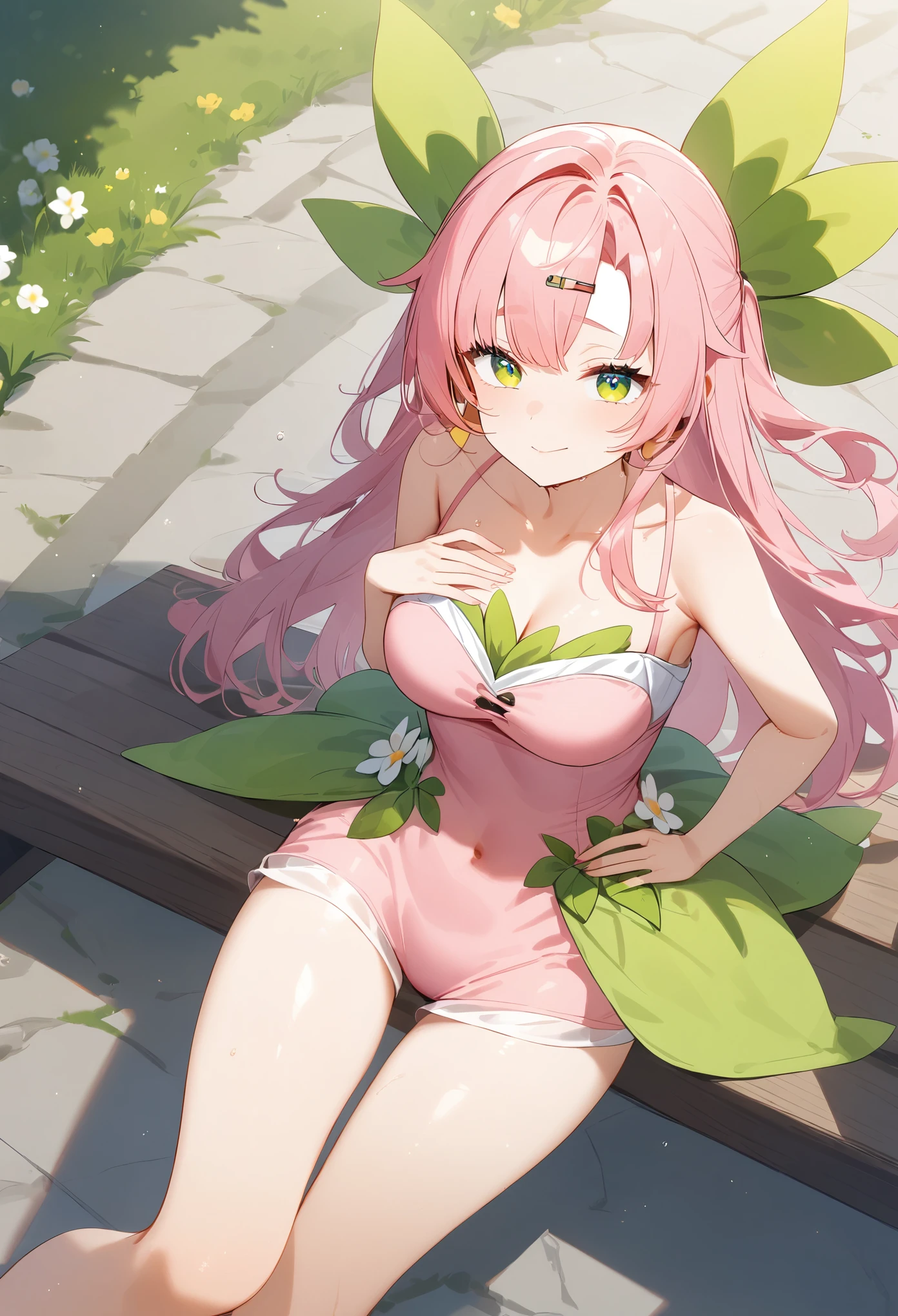 An anime girl,Pink long hair,Green eyes,chest,thigh,Flower Fairy Costume