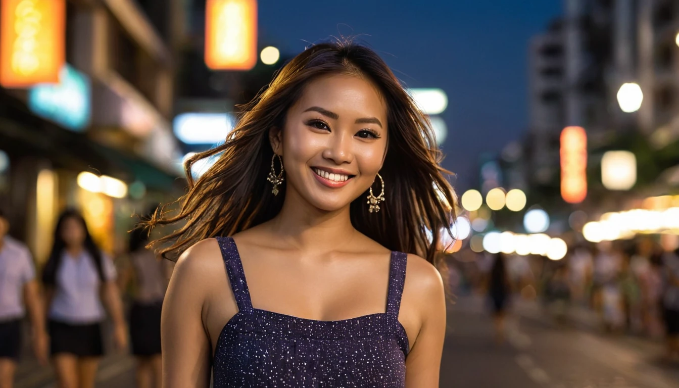 Description: A photorealistic image of a 34-year-old Asian-Hispanic-Filipina woman with dark, tanned skin, walking along a busy street in downtown Manila during twilight. Her long, waist-length hair is thick and beautifully frames her slender, body. She is dressed in a small, flattering skirt and her smile is flirtatious, capturing the essence of a warm, lively evening. The city lights blur in the background with a bokeh effect created by a 2.8 aperture depth of field, focusing sharply on her face to capture the richness of her facial expressions and the natural look of her hair.
Photography Style: Medium shot, photorealistic, with a focus on enhancing the detail and textures of her skin and hair against the backdrop of an urban evening.