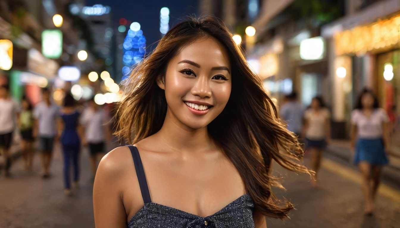 Description: A photorealistic image of a 34-year-old Asian-Hispanic-Filipina woman with dark, tanned skin, walking along a busy street in downtown Manila during twilight. Her long, waist-length hair is thick and beautifully frames her slender, body. She is dressed in a small, flattering skirt and her smile is flirtatious, capturing the essence of a warm, lively evening. The city lights blur in the background with a bokeh effect created by a 2.8 aperture depth of field, focusing sharply on her face to capture the richness of her facial expressions and the natural look of her hair.
Photography Style: Medium shot, photorealistic, with a focus on enhancing the detail and textures of her skin and hair against the backdrop of an urban evening.