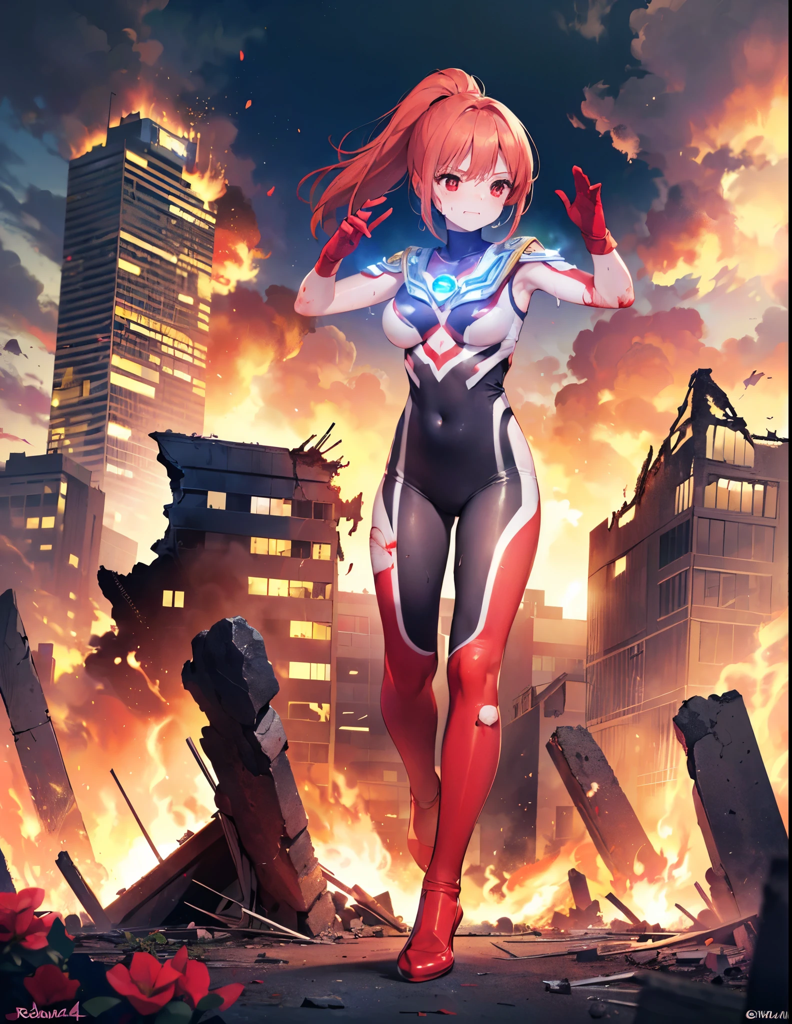 Realistic,Highest quality, Ultra Detail, High-quality CG rendering, The most delicate and beautiful, Floating softly, High resolution, (1 giant girl), (Highest quality,4K,8K,masterpiece:1.2),(All red hair:1.5), (ponytail:1.5),(Red eyes:1.5), (Ultra Girl:1.0), (All red Ultraman bodysuit:1.4),(Do not expose your skin:1.4),(Slightly larger breasts:1.5),(Red gloves:1.3),(Red Shoes:1.3),(whole body:1.3),(Are standing:1.3),(A city engulfed in flames:1.3),(Buildings in flames:1.3),(Burning Ruins:1.3),(Fighting Pose:1.3),(sweating:1.3),(Wounded:1.3),(Flames on the body:1.2)