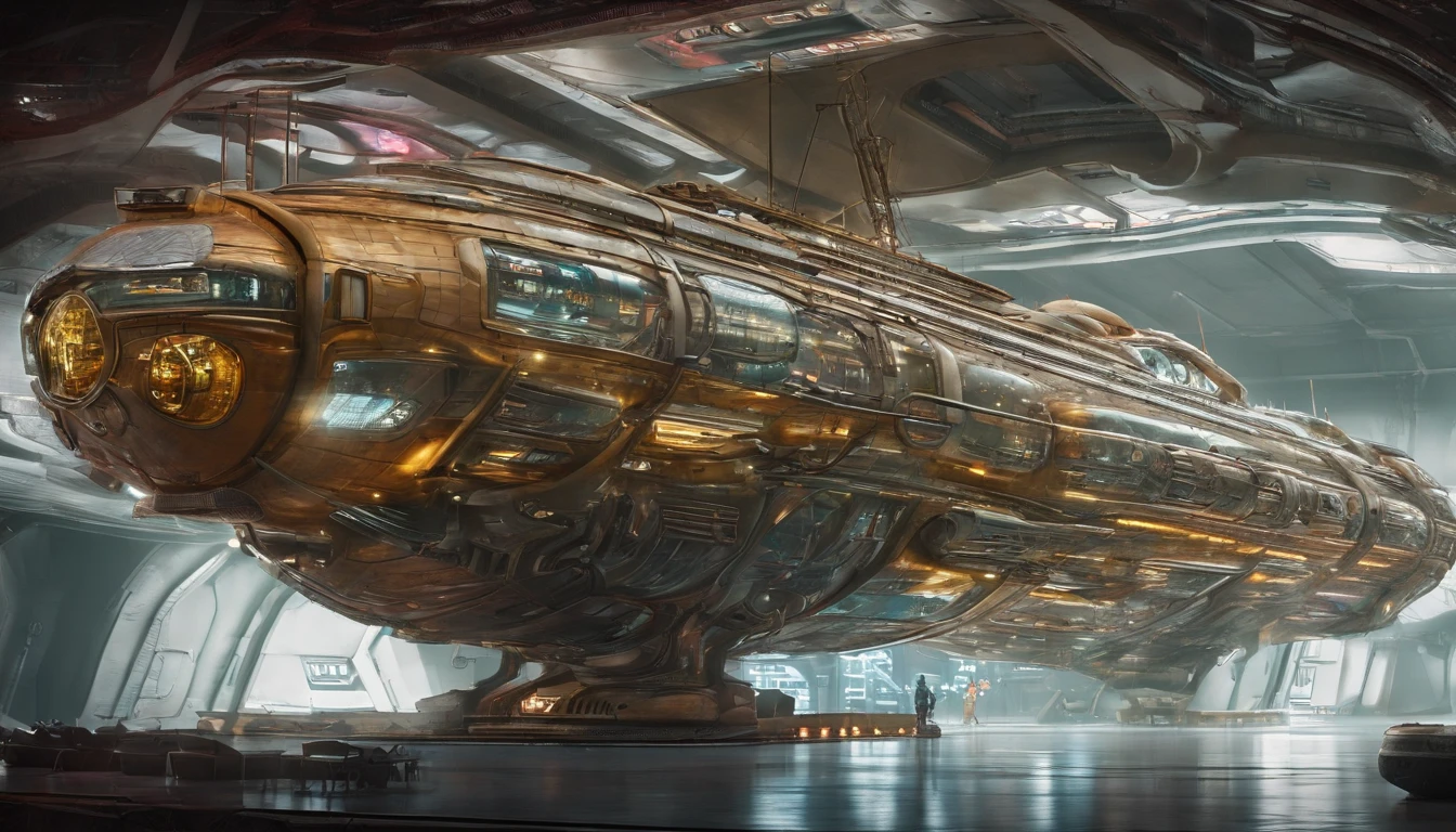 A colossal cosmicpunk starship, reminiscent of Gerry and Sylvia Anderson's and Judith and Garfield Reeves-Stevens' unique styles, built from repurposed mobile home trailers. The ship features two rows of three trailers stacked vertically, interconnected by 6 large electric control rods and 6 culvert pipes. Atop the vessel, a massive MRI machine serves as a distinctive centerpiece. Four brown squirrel-ear-shaped crystal nacelles, two at the front and two at the rear, provide propulsion. This extraordinary vessel is, as large as the Western Half of Earth, combines retro-futuristic aesthetics with innovative engineering for a truly awe-inspiring sight. The ship's has metallic green and gold checkered design, with deep magenta accents. Insanely symmetrical design.