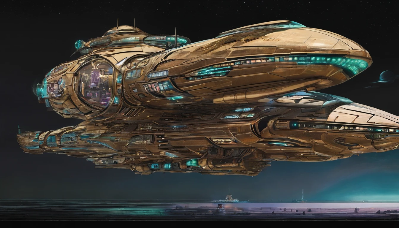 A colossal cosmicpunk starship, reminiscent of Gerry and Sylvia Anderson's and Judith and Garfield Reeves-Stevens' unique styles, built from repurposed mobile home trailers. The ship features two rows of three trailers stacked vertically, interconnected by 6 large electric control rods and 6 culvert pipes. Atop the vessel, a massive MRI machine serves as a distinctive centerpiece. Four brown squirrel-ear-shaped crystal nacelles, two at the front and two at the rear, provide propulsion. This extraordinary vessel is, as large as the Western Half of Earth, combines retro-futuristic aesthetics with innovative engineering for a truly awe-inspiring sight. The ship's has metallic green and gold checkered design, with deep magenta accents. Insanely symmetrical design.