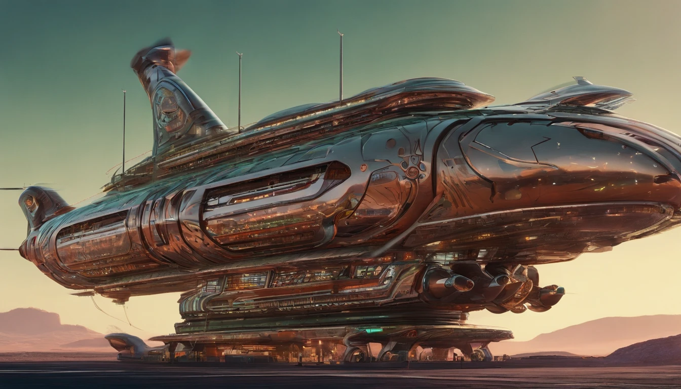 A colossal cosmicpunk starship, reminiscent of Gerry and Sylvia Anderson's and Judith and Garfield Reeves-Stevens' unique styles, built from repurposed mobile home trailers. The ship features two rows of three trailers stacked vertically, interconnected by 6 large electric control rods and 6 culvert pipes. Atop the vessel, a massive MRI machine serves as a distinctive centerpiece. Four brown squirrel-ear-shaped crystal nacelles, two at the front and two at the rear, provide propulsion. This extraordinary vessel is, as large as the Western Half of Earth, combines retro-futuristic aesthetics with innovative engineering for a truly awe-inspiring sight. The ship's has metallic green and gold checkered design, with deep magenta accents. Insanely symmetrical design.
