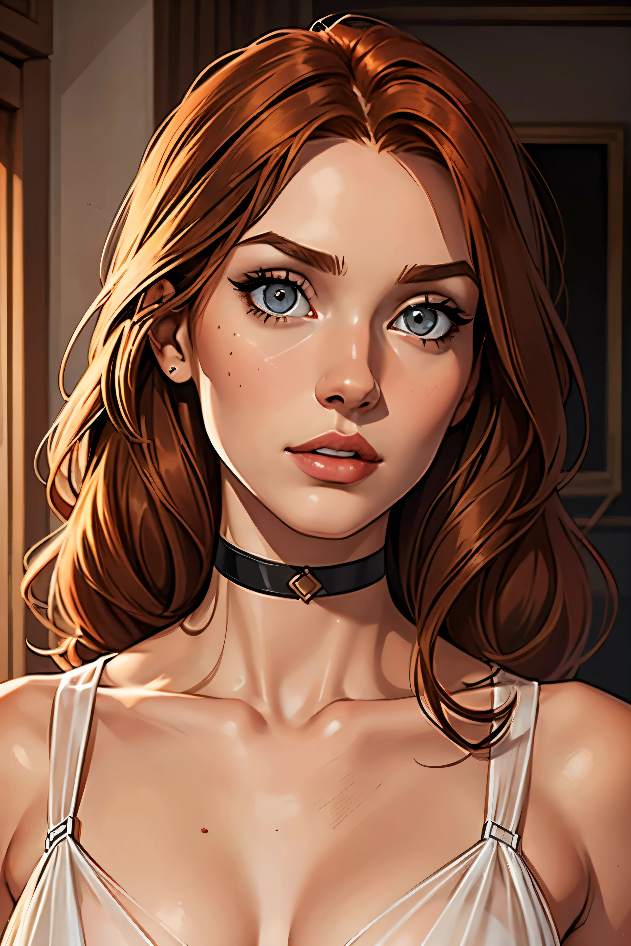 best qualityer, work of art, (realisitic: 1.2), 1 girl, slender girl, ginger hair, eyes browns, 3/4 view, face detailed, gorgeous eyes, eyes gray, eyes large, breasts small, choker, see through gown