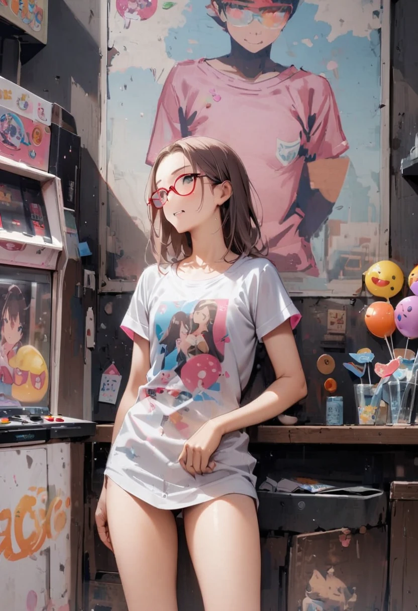 Fashionable glasses、back view, Backwards、Butt、back、back of head、Hips、Hair back、Calf、Very Very triped patternパンティ、Chibi T-shirt、Panty shot、arcade、game machine、Game bench、UFO Catcher、Purikura、Date、forehead、Girl、Girl、Short、Younger、Lower school year、Baby Face、flat chest、Angry face、Dynamic Angle、masterpiece、best quality、ultra-detail、There are customers around、I'm making a mess、Clothing
