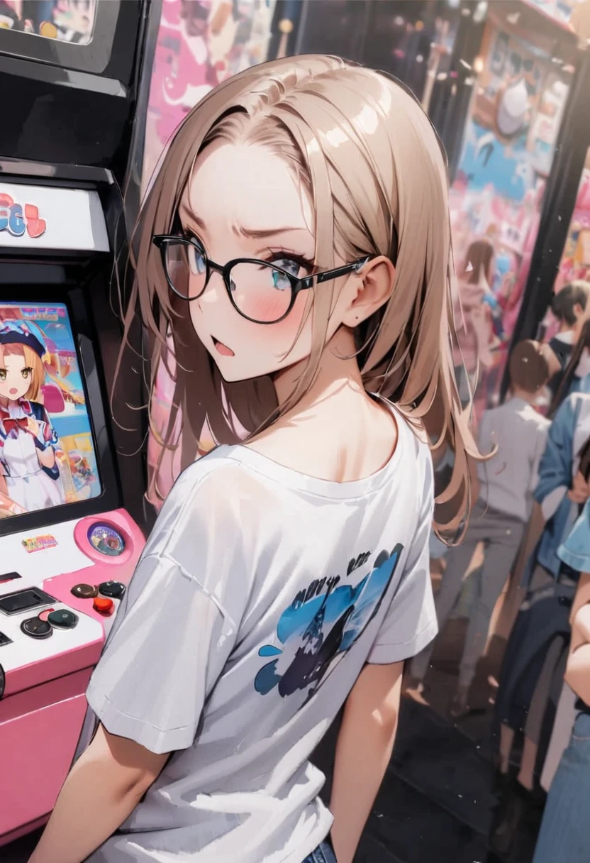 Fashionable glasses、back view, Backwards、Butt、back、back of head、Hips、Hair back、Calf、Very Very triped patternパンティ、Chibi T-shirt、Panty shot、arcade、game machine、Game bench、UFO Catcher、Purikura、Date、forehead、Girl、Girl、Short、Younger、Lower school year、Baby Face、flat chest、Angry face、Dynamic Angle、masterpiece、best quality、ultra-detail、There are customers around、I'm making a mess、Clothing
