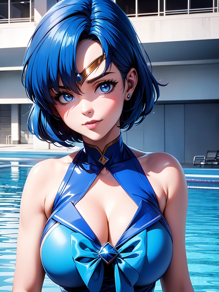 Sailor mercury,long blue hair,Blue Power Ranger, hurricane ,Sexy goth woman big breast, character sheet,inside a pool,