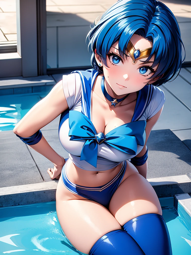 Sailor mercury,long blue hair,Blue Power Ranger, hurricane ,Sexy goth woman big breast, character sheet,inside a pool,