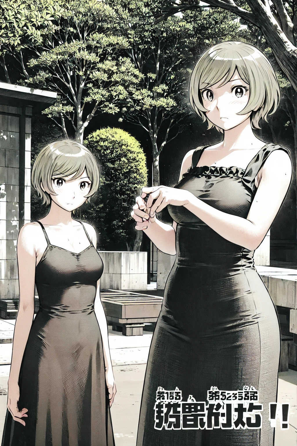 、(masterpiece、Highest quality)、Highest quality, Ultra-high resolution, (((masterpiece))), alone, Sweat、Big eyes, Sleeveless、Outdoor、Floral Dress、Composition from the front、(後ろCut your hair short、short hair、blonde、woman)、Shortcuts、Embarrassed face、Cut your hair short、可愛いwomanの子、Big Breasts、Browsing Caution