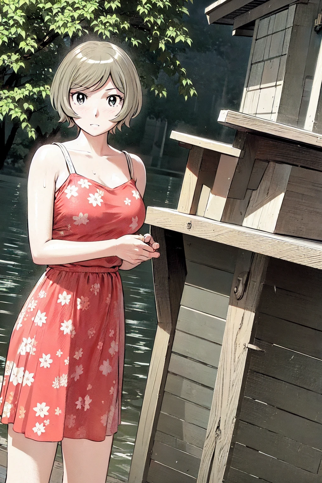 、(masterpiece、Highest quality)、Highest quality, Ultra-high resolution, (((masterpiece))), alone, Sweat、Big eyes, Sleeveless、Outdoor、Floral Dress、Composition from the front、(後ろCut your hair short、short hair、blonde、woman)、Shortcuts、Embarrassed face、Cut your hair short、可愛いwomanの子、Big Breasts、Browsing Caution
