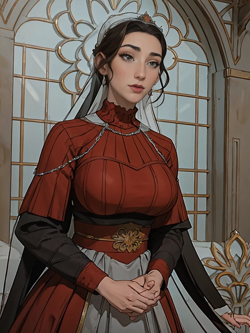 Beautiful and regal, imperious and aloof, busty athletic (thin) brunette queen with sharp facial features wearing a modest updo, dark red medieval dress, long sleeves, intricate patterns, scrollwork, wide neck, crown, veil, long dress, modest dress, tight bodice, (silver waist chain), medieval jewelry, Middle Ages, castle, rampart, wall, stained glass
