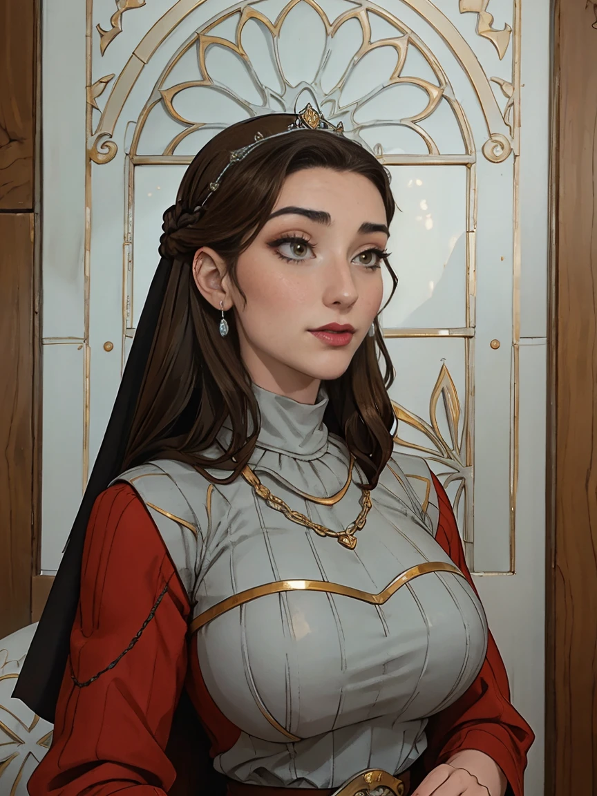 Beautiful and regal, imperious and aloof, busty athletic (thin) brunette queen with sharp facial features wearing a modest updo, dark red medieval dress, long sleeves, intricate patterns, scrollwork, wide neck, crown, veil, long dress, modest dress, tight bodice, (silver waist chain), medieval jewelry, Middle Ages, castle, rampart, wall, stained glass