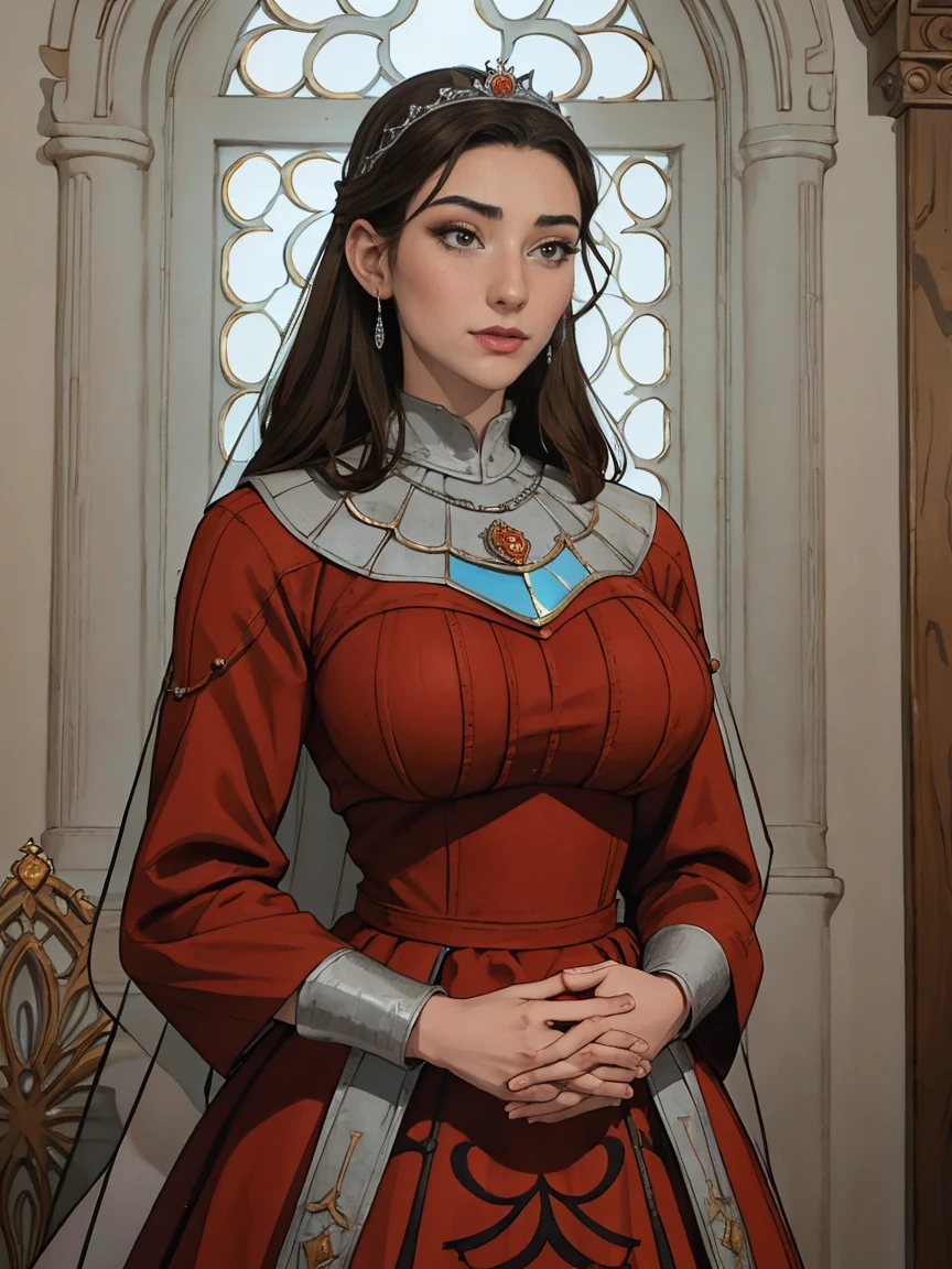 Beautiful and regal, imperious and aloof, busty athletic (thin) brunette queen with sharp facial features wearing a modest updo, dark red medieval dress, long sleeves, intricate patterns, scrollwork, wide neck, crown, veil, long dress, modest dress, tight bodice, (silver waist chain), medieval jewelry, Middle Ages, castle, rampart, wall, stained glass