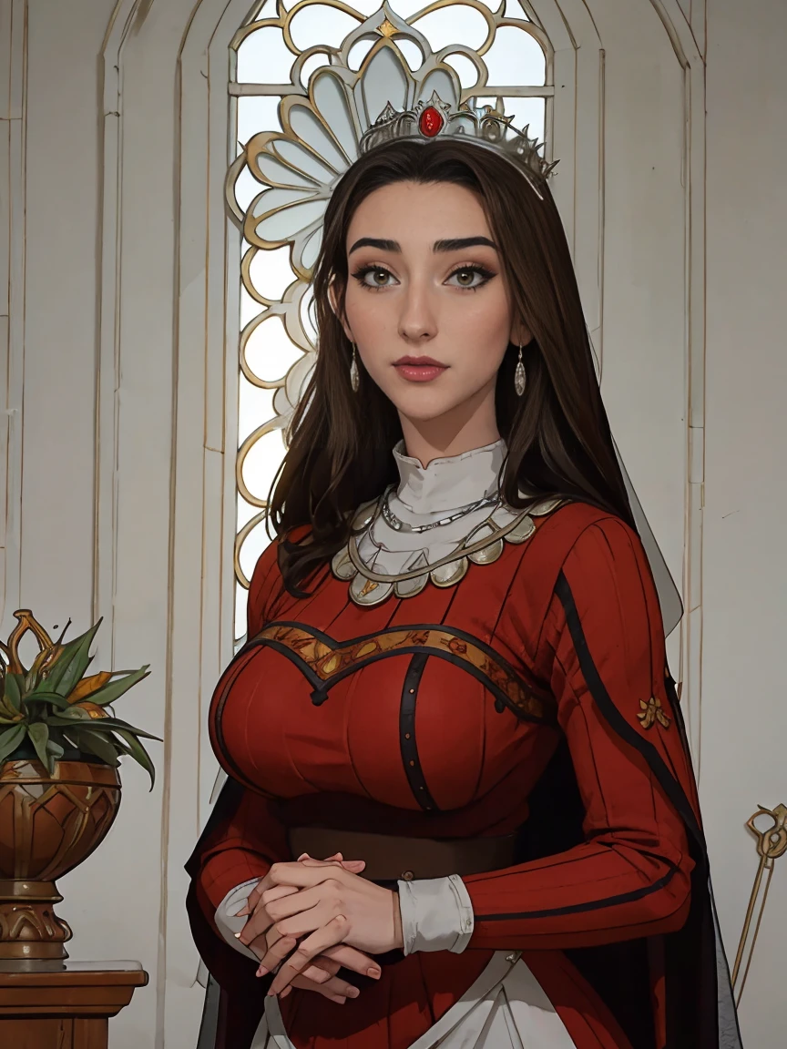 Beautiful and regal, imperious and aloof, busty athletic (thin) brunette queen with sharp facial features wearing a modest updo, dark red medieval dress, long sleeves, intricate patterns, scrollwork, wide neck, crown, veil, long dress, modest dress, tight bodice, (silver waist chain), medieval jewelry, Middle Ages, castle, rampart, wall, stained glass