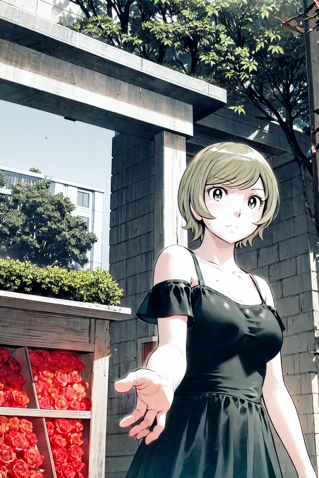 、(masterpiece、Highest quality)、Highest quality, Ultra-high resolution, (((masterpiece))), alone, Sweat、Big eyes, Sleeveless、Outdoor、Floral Dress、Composition from the front、(後ろCut your hair short、short hair、blonde、woman)、Shortcuts、Embarrassed face、Cut your hair short、可愛いwomanの子、Big Breasts、Browsing Caution