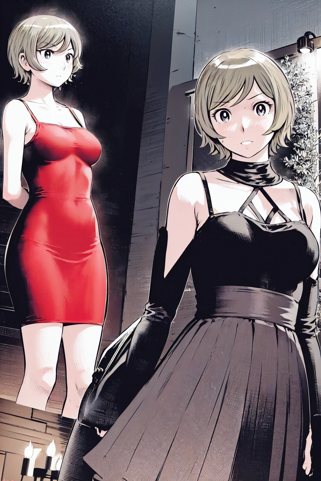 、(masterpiece、Highest quality)、Highest quality, Ultra-high resolution, (((masterpiece))), alone, Sweat、Big eyes, Sleeveless、Outdoor、Floral Dress、Composition from the front、(後ろCut your hair short、short hair、blonde、woman)、Shortcuts、Embarrassed face、Cut your hair short、可愛いwomanの子、Big Breasts、Browsing Caution
