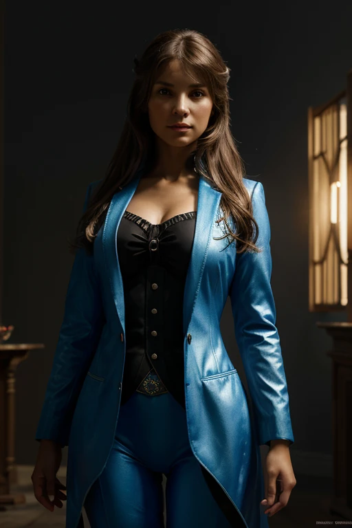 Art of hyper-realistic female characters by David Hockney and Alphonse Mucha., fantasy art, realistic art, dynamic lighting, art station, volumetric lighting, Very detailed faces, 8 thousand,full HD, awarded,, 1 girl, in the dark, deep shadow, discreet, cowboy shot, (official suit: 1.4), wide, by white, hair with black lights