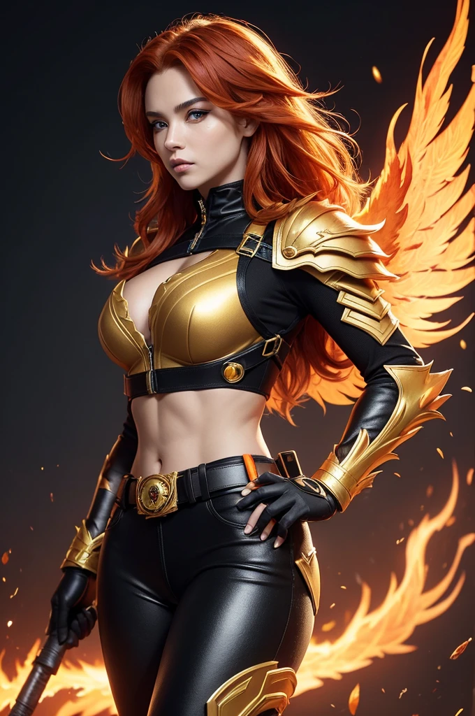 . She has an athletic and confident build, with long, wavy flaming red hair that seems to dance like fire. His intense amber eyes reflect wisdom and determination. Her lightly tanned skin contrasts with the glow of the flames that surround her..His attire is predominantly red, fire resistant, with orange and gold details. The upper part has golden armor on the shoulders, chest and back, stylized as phoenix feathers. Its flaming wings are made of lightweight metallic material and covered in controllable flames.. The tight pants are adorned with orange details that imitate feathers, and the black boots are reinforced with gold and orange details.She wears black gloves with sensors to control her flames and a golden visor to protect her eyes and provide enhanced vision.. A gold utility belt holds essential tools, and on the chest, a golden phoenix-shaped insignia symbolizes your heroic identity.