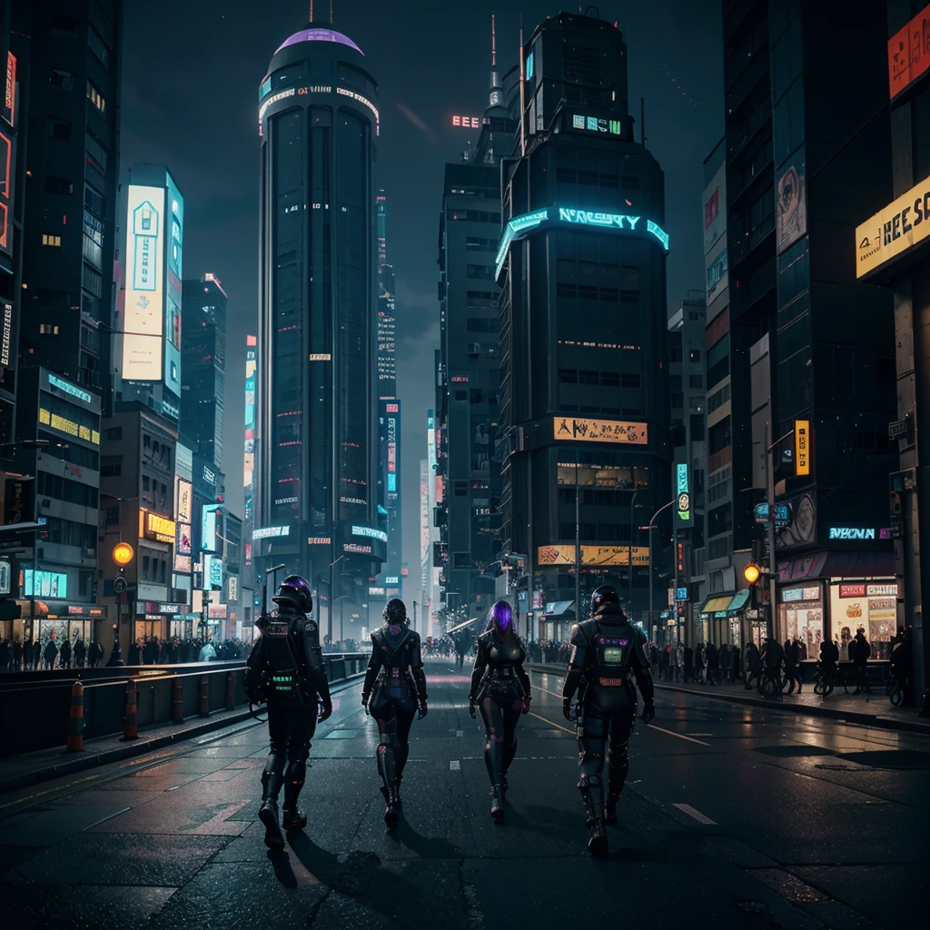 People walking in the city at night，In the background is a large bell tower, In a futuristic cyberpunk city, Future cyberpunk scene, Arstation and beeple height, In the fantasy sci-fi city, sci-fi cyberpunk city streets, Busy cyberpunk metropolis, 3D rendering of beeple, movie bee, cyberpunk city streets, bee style
