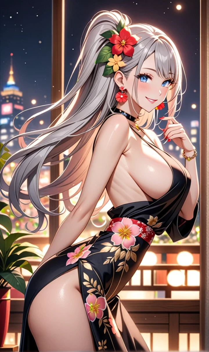 ultra-detailed, ((one girl)), (portrait), (pale skin:1.4), in pastel colors gyaru, (heavy makeup), (professional lighting) hyper detailed, absurdres, 8K, Beautiful Face, (Laugh shyly), ((teasing smile:1.8)), ((Wink:1.7)), (Laugh with your mouth wide open),((Tilt your face:1.6)), View your viewers, ((Bright red cheeks:1.6)),Glossy Red Lips, ((huge breast:1.6)), ((undressing:1.2)), night, I see fireworks, Luxury Ryokan, ((Anime style background)),masterpiece, Highest quality, so beautiful,Latest, Complex details, (Pink long nails), (nail art), (ring),(bracelet), (Floral Choker),AI-generated, Complex,High resolution, Highest quality, super high quality,3D Images、3D Images,One person,Pastel silver long hair,(High Ponytail), (wavy hair:1.3), Pastel anime woman posing for a photo, ((Fine grain、blue eyes、glowing eyes:1.4)), (Squint your eyes:1.1), (one eye closed:1.4), a hyperRealistic , hyperRealistic , Realistic,Anime woman with long pastel white hair, Smooth anime CG art, A girl in a gorgeous black kimono, ((Black long-sleeved kimono)),(Large red floral pattern), Golden embroidery, (sideboob), Long flower hair ornament,Floral Earrings, Mature Body, tall,Narrow waist, ((from side:1.2)), ((leaning forward)),