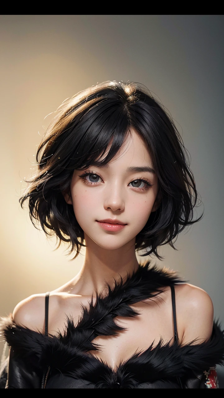 (Masterpiece:1.3), (8k, photorealistic, photo and gross, Best Quality: 1.4), people of japan, (1 girl),25 years, beautiful face, (realistic face), (black fur, short hair:1.3), beautiful hairstyle, realistic eyes, pretty eyes, pretty eyes, (realistic skin), Beautiful skin, attractive, Ultra High Definition, High Definition, close up, portrait, golden ratio, Detail Make, look at the viewer, SMILE, (shoulder look), medium chest,
