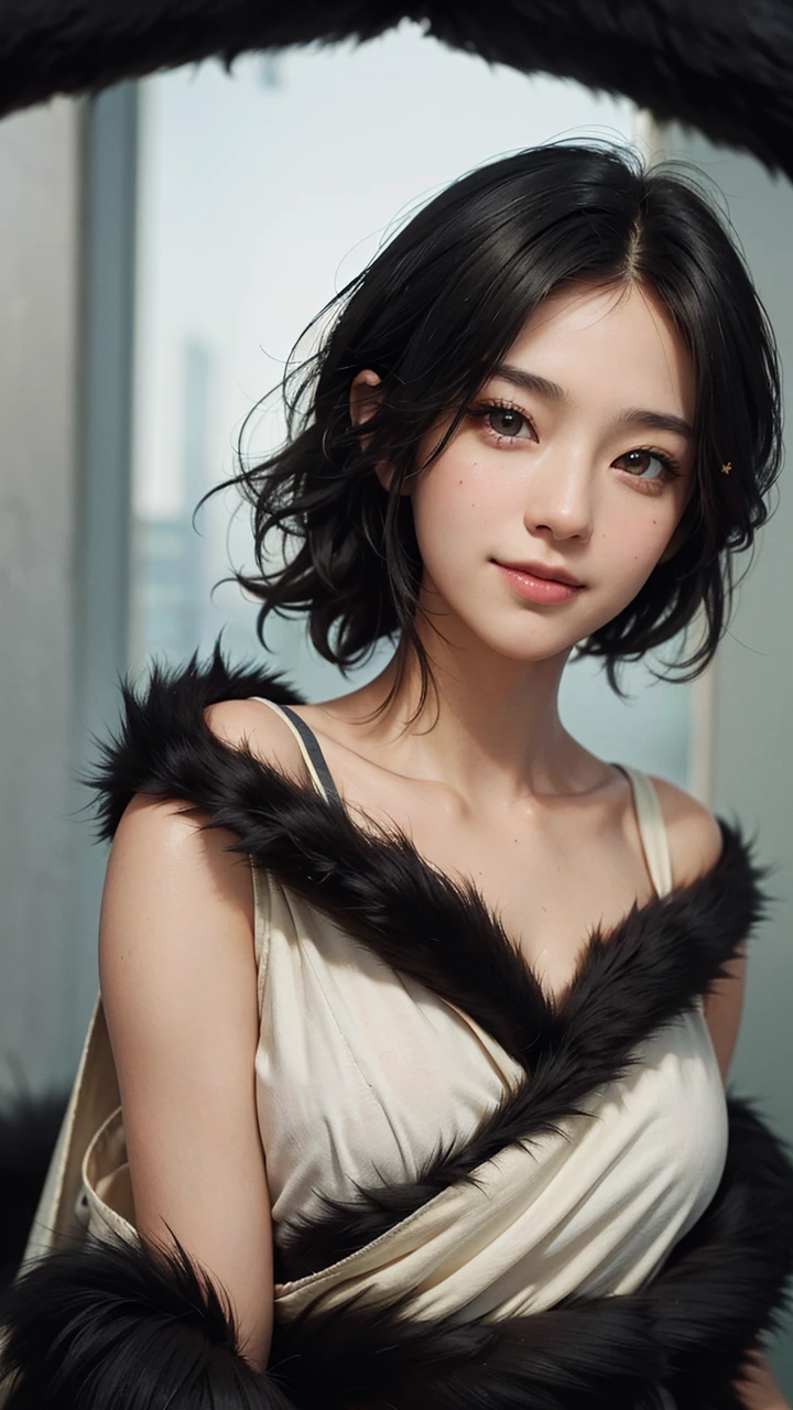 (Masterpiece:1.3), (8k, photorealistic, photo and gross, Best Quality: 1.4), people of japan, (1 girl),25 years, beautiful face, (realistic face), (black fur, short hair:1.3), beautiful hairstyle, realistic eyes, pretty eyes, pretty eyes, (realistic skin), Beautiful skin, attractive, Ultra High Definition, High Definition, close up, portrait, golden ratio, Detail Make, look at the viewer, SMILE, (shoulder look), medium chest,