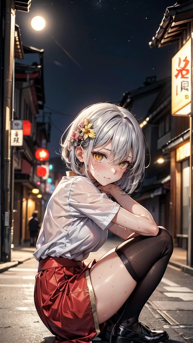 Young girl 22 years old, short silver bob hair, hair flower, sharp bangs between the eyes, yellow eyes, eyes large, traditional chinese imperial clothes black with gold details, red skirt, black thigh high socks. view from side, side point of view, fully body, crouched on the street of a Japanese city, at night, with full moon in the background, light reflecting on the sexy and sweaty body. (((sweat)))