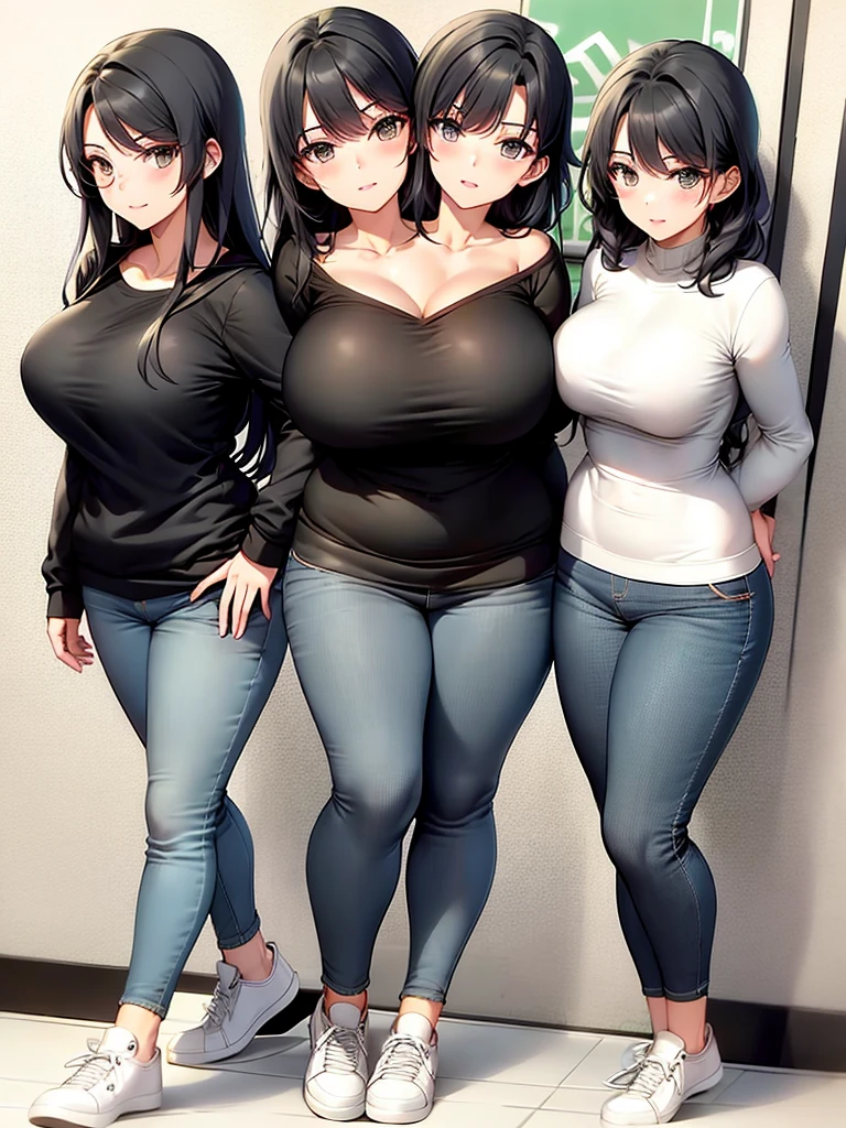 ,best quality, girl, in a sweatshirt, sneakers and jeans, masterpiece, long hair, black hairs, gray eyes, a slim body, couple, (two heads).