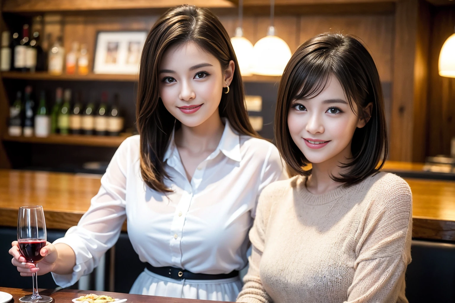 ((Highest quality、8K、masterpiece:1.3))、Shortcuts、cute、slimカップル、modelカップル、actress男優、(Realistic, Intricate details:1.2), full-course dinner、Wine Party、Amazing view of the sunset sky and clouds、A bright smile、short hair,Bright Face、 (Age 45), 42 years old, red wine 、Appetizers、Italian food、Wine bottle、Champagne、sparkling wine、Two beauties、Brown Hair、Shortcuts、Long sleeve shirt、dress、Beautiful woman 1, (slimな顔), (The body is slim), (Brown Hair), (Shortcuts), cheeks turn a little red,Attractive beauty、restaurant, In a prominent place (From the waist up) Nova Frog Style, actress, model, Upper Body, White wine, slim, wine glass, 中央に置かれたwine glass, smile, (smile: 1.15), Beautiful fine grain, Depth f/2,saturation, High Contrast, Strong light and shadow,Moist Body:1.5、3D texture、Delicate eyes、Brown Hair、The hair is very shiny、