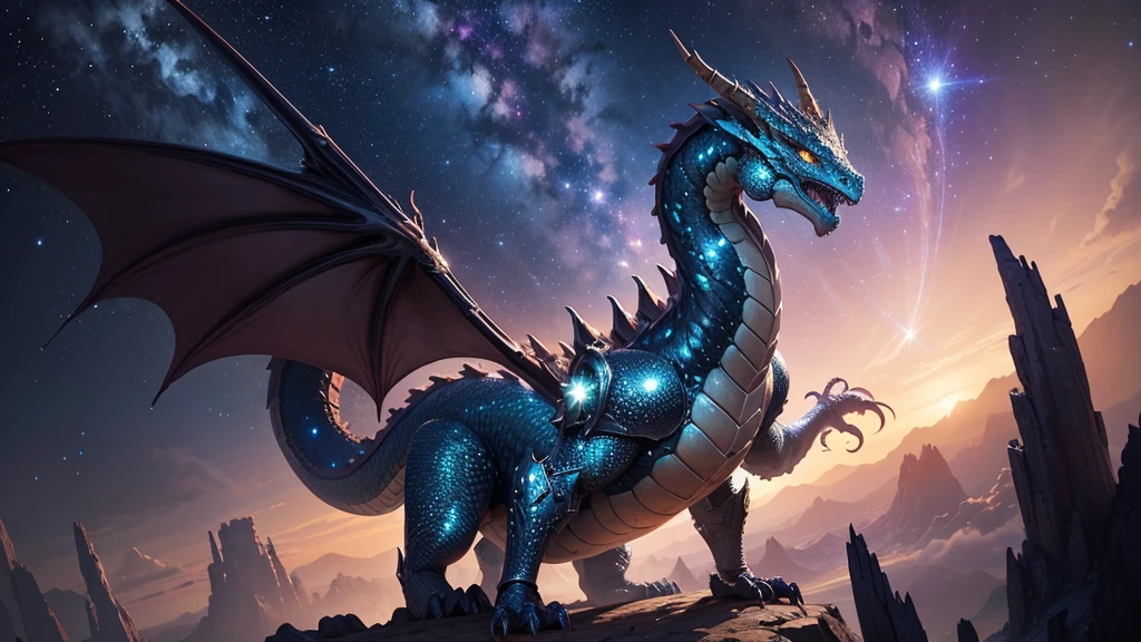 A serpent-like dragon covered in shimmering armor made of stars, soaring through a cosmic sky.