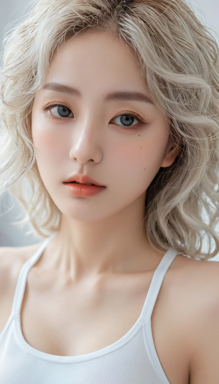 (Surrealism), (illustration), (high resolution), (8K), (Extremely detailed), (best illustration), (Beautiful and delicate eyes), (best quality), (Very detailed), (masterpiece), ( wallpaper), (Delicate face), solitary, 1 girl, White curly hair, Korean, Heterochromic eyes, There is a small mole under the eye, Loose white shirt, Yoga Pants, Large Breasts, Long legs, Tight abdominal muscles, Camel toe, Dynamic poses