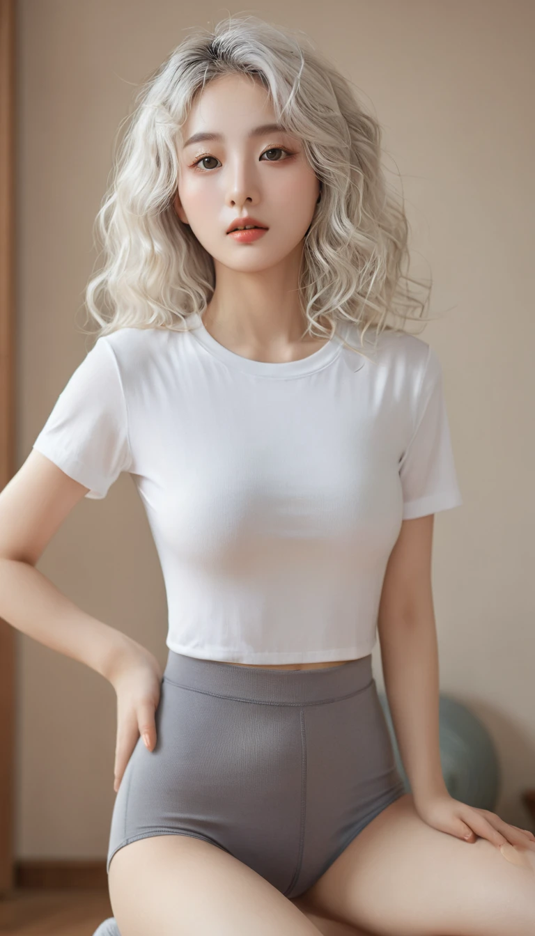 (Surrealism), (illustration), (high resolution), (8K), (Extremely detailed), (best illustration), (Beautiful and delicate eyes), (best quality), (Very detailed), (masterpiece), ( wallpaper), (Delicate face), solitary, 1 girl, White curly hair, Korean, Heterochromic eyes, There is a small mole under the eye, Loose white shirt, Yoga Pants, Large Breasts, Long legs, Tight abdominal muscles, Camel toe, Dynamic poses
