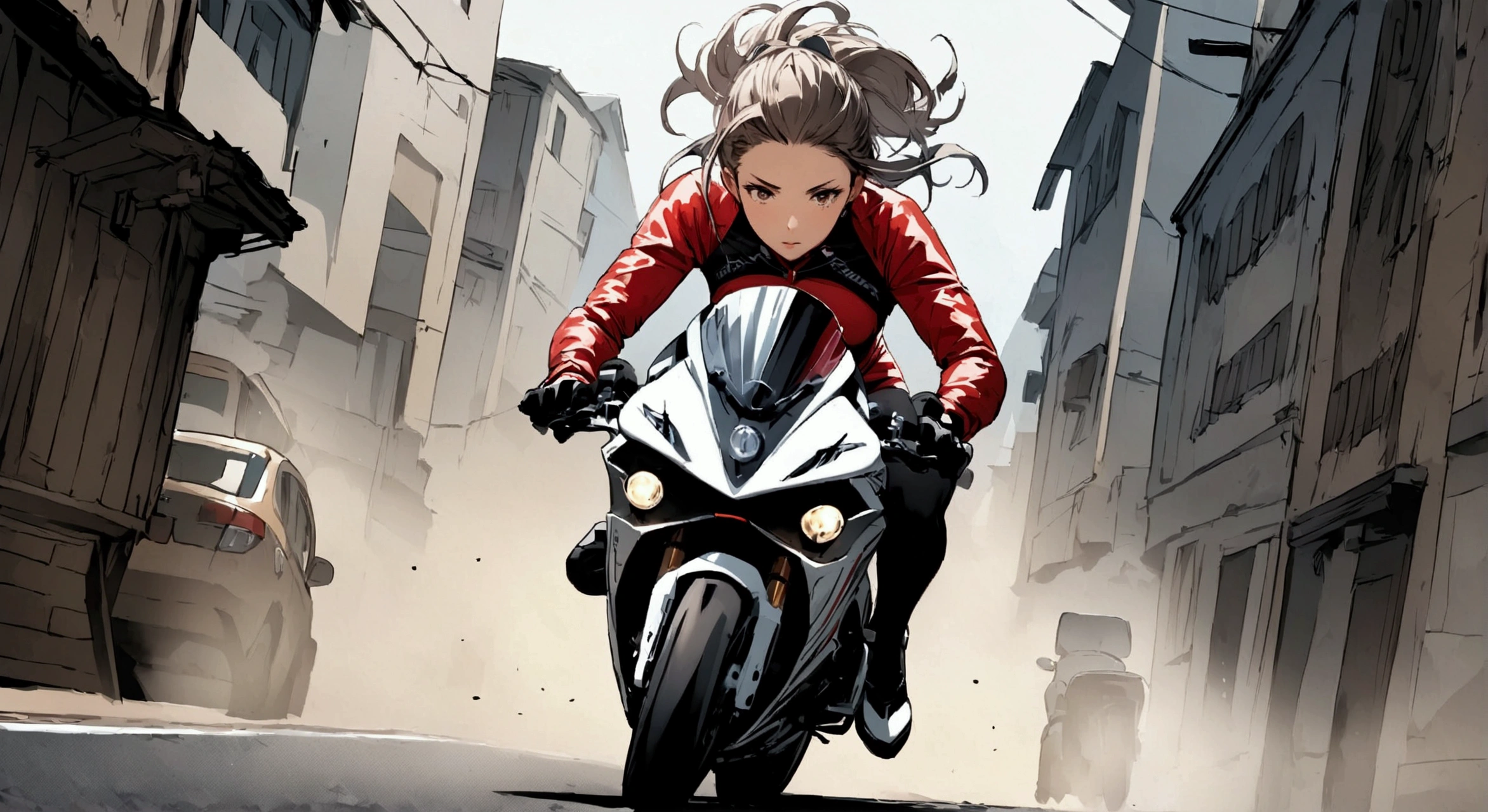 girl, Dynamic Hairstyle, in dynamic scene, Artwork, Ride a road bike