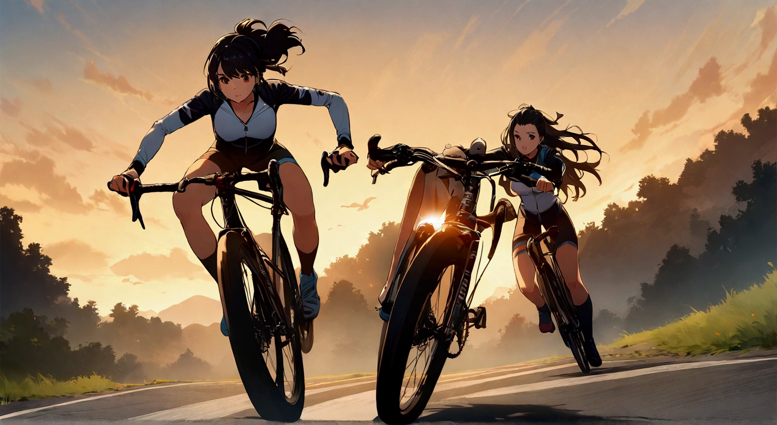 girl, Dynamic Hairstyle, in dynamic scene, Artwork, Ride a road bike