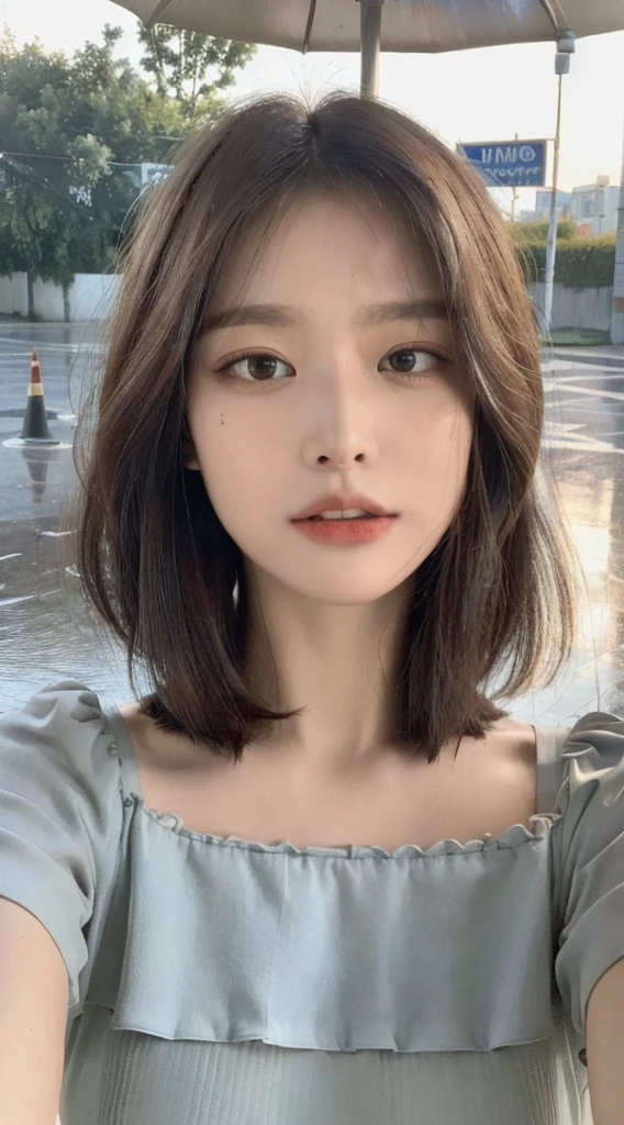 ((Best Quality, 8K, Masterpiece:1.3)), Focus:1.2, Perfect Body Beauty:1.4, Buttocks:1.2, (Layered Haircut:1.2)), (Rain, Street:1.3), Bandeau Dress:1.1, Highly Detailed Face and Skin Texture, Delicate Eyes, Double Eyelids, Whitened Skin, Long Hair, (Round Face: 1.5)